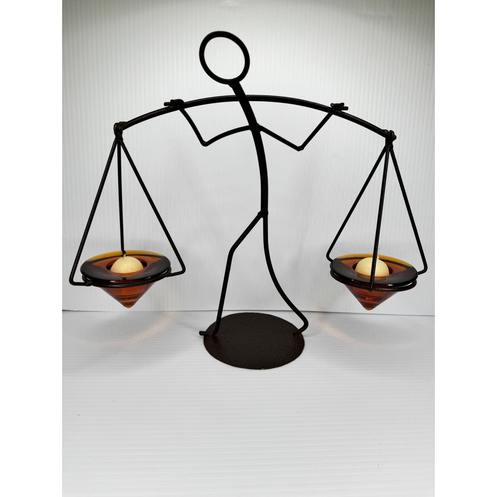 Zodax Iron Stick Man Balancing Scale Tealight Candle Holder Amber Glass Portugal